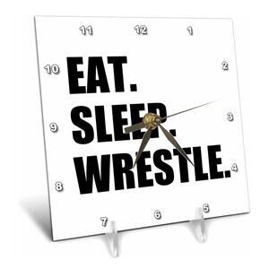 "Eat Sleep Wrestle" Wrestling Fan White Desk Clock 6 by 6-Inch Black Words s1